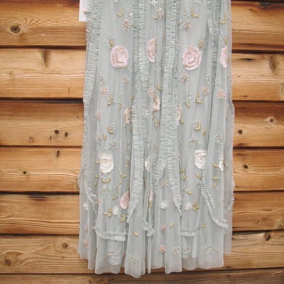 MAC DUGGAL  9360 Green Floral Mesh Sleeveless A Line Micro Ruffle Gown Dress - Picture 13 of 14